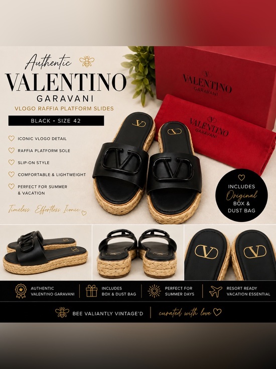 Valentino Garavani Shoes - Valentino Garavani Black Leather and Raffia Platform Slides